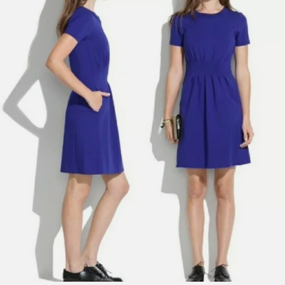 Madewell pleated parkline dress cobalt blue basque waist minimalist graduation